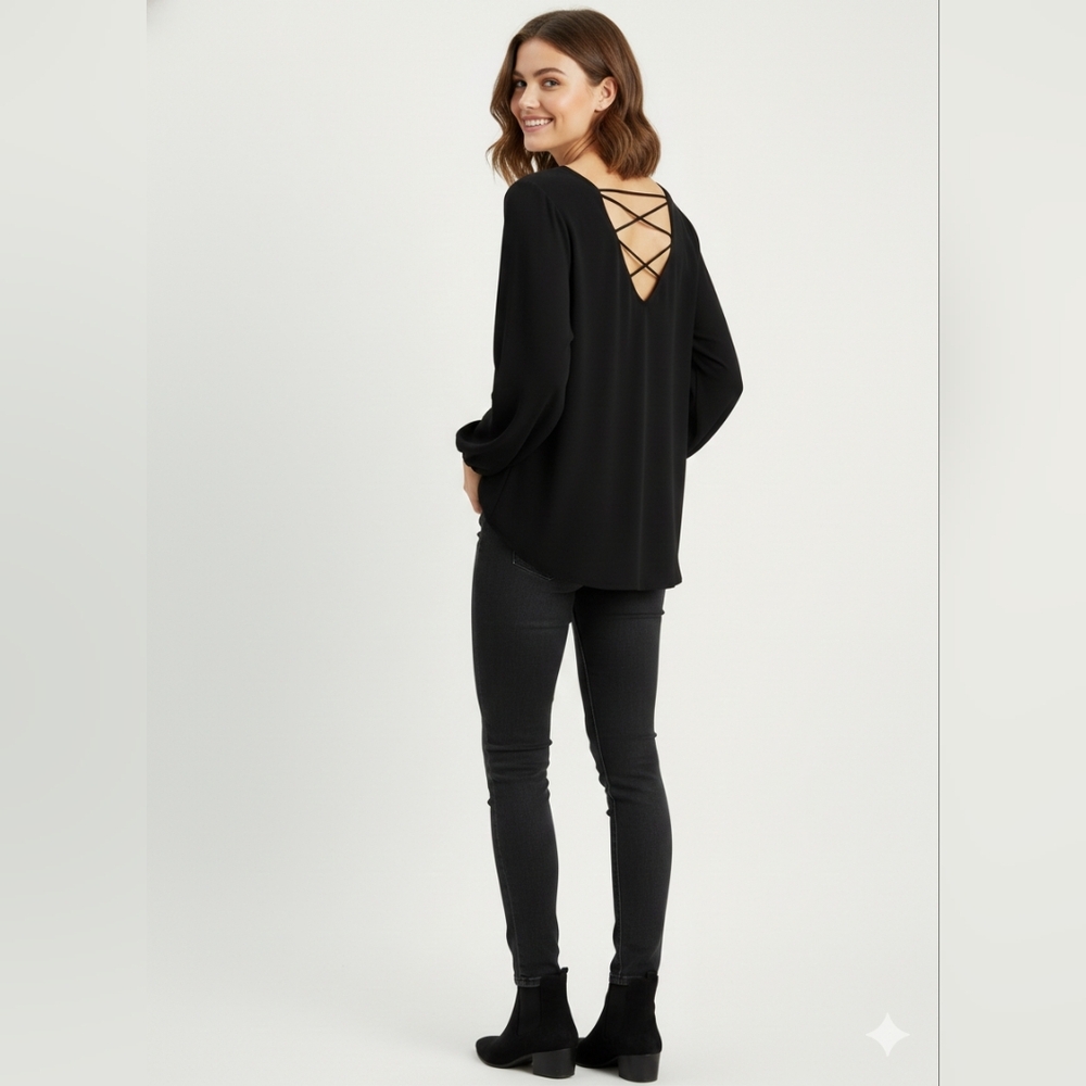 Ladies EXPRESS Criss Cross Front And Back Neckline Black Blouse - Size Small